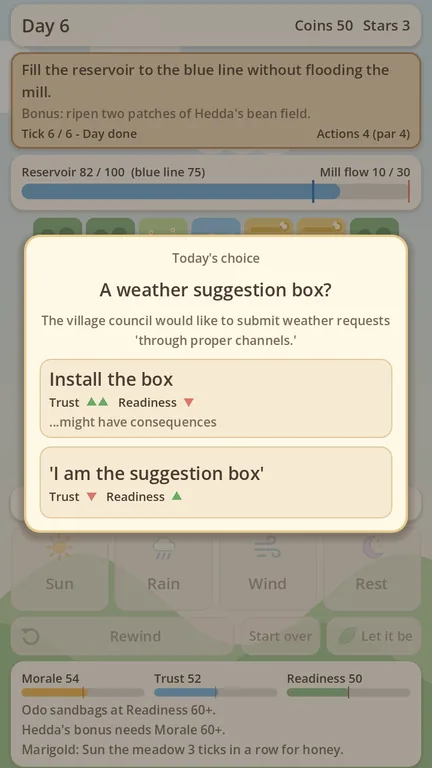 Early prototype: a choice card asking 'A weather suggestion box?' with the options 'Install the box' and 'I am the suggestion box'.
