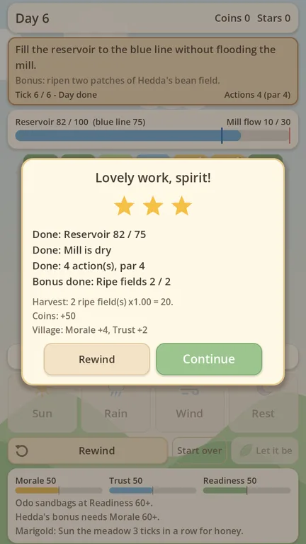 Early prototype: end-of-day results panel reading 'Lovely work, spirit!' with three stars.